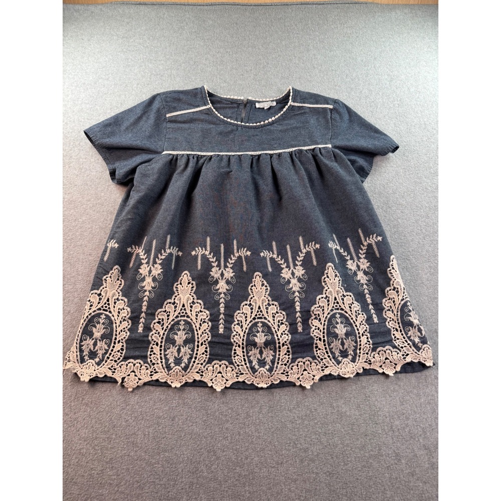 Sweet Salt Modest Clothing Blue Chambray Lace Embroidered‎ Babydoll Top XL